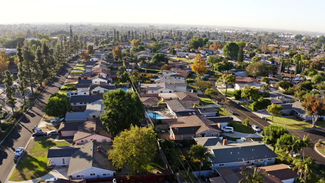 Aerial of homes in La Mirada in Los Angeles County, California