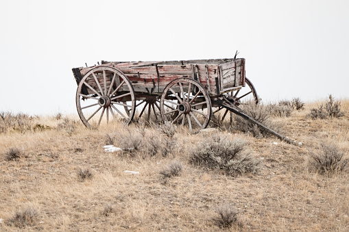 Antique horse drawn wagon on a hilltop