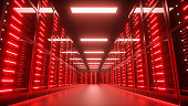 Endangered, hacked Server room interior in datacenter, red lights. 3D Render