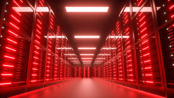 Endangered, hacked Server room interior in datacenter, red lights. 3D Render Endangered, hacked Server room interior in datacenter, red lights. 3D Render network server room stock pictures, royalty-free photos & images