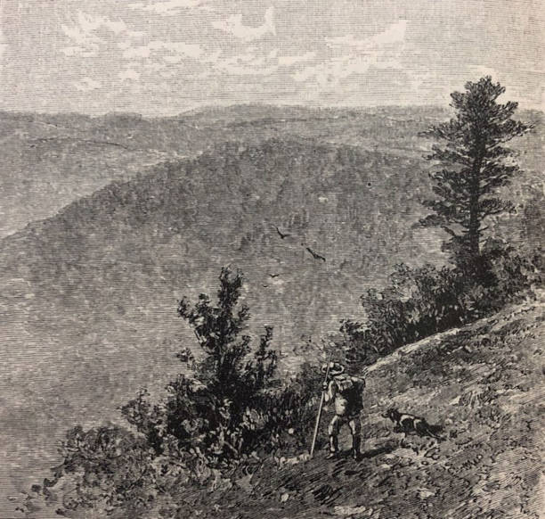 istock Antique illustration - man with a dog hiking on Whiteside mountain 1287699959
