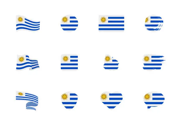 Vector illustration of Uruguay flag - flat collection. Flags of different shaped twelve flat icons.