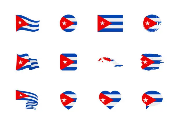 Vector illustration of Cuba flag - flat collection. Flags of different shaped twelve flat icons.