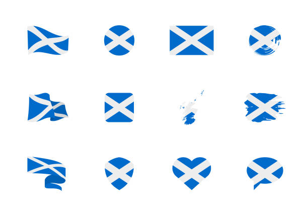 Scotland flag - flat collection. Flags of different shaped twelve flat icons. Scotland flag - flat collection. Flags of different shaped twelve flat icons. Vector illustration set scottish flag stock illustrations