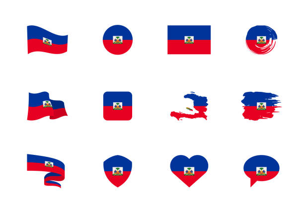 ilustraciones, imágenes clip art, dibujos animados e iconos de stock de bandera de haití - colección plana. banderas de diferentes formas doce iconos planos. - republic of haiti