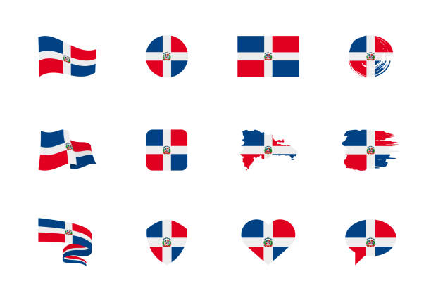 ilustrações, clipart, desenhos animados e ícones de bandeira da república dominicana - coleção plana. bandeiras de diferentes ícones planos em forma diferente. - dominican flag