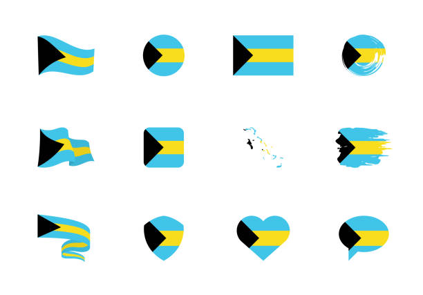 illustrations, cliparts, dessins animés et icônes de bahamas drapeau - collection plate. drapeaux de différentes formes douze icônes plates. - bahamian flag