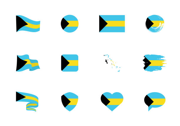 illustrazioni stock, clip art, cartoni animati e icone di tendenza di bandiera delle bahamas - collezione piatta. bandiere di diverse forme dodici icone piatte. - bahamian flag