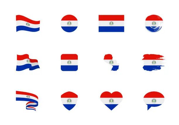 Vector illustration of Paraguay flag - flat collection. Flags of different shaped twelve flat icons.