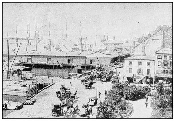 Antique black and white photograph of New York: SOUTH STREET AND HARBOR Antique black and white photograph of New York: SOUTH STREET AND HARBOR south street seaport stock illustrations