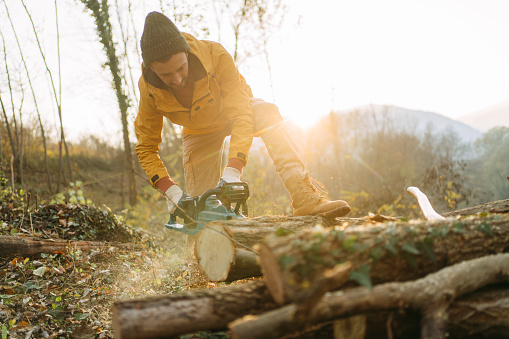 Photo of young man chopping firewood by himself for a winter season