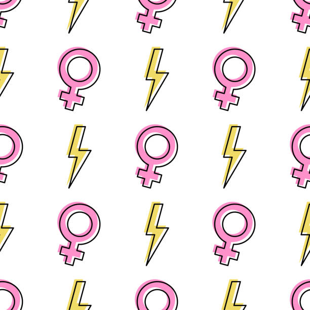 Girl power seamless pattern with flash lightning and female symbols. Pink woman signs and yellow bolts on white Girl power seamless pattern with flash lightning and female symbols. Outlined pink woman signs and yellow bolts on white background. Feminism theme. Vector illustration. backgrounds pink scrapbook abstract stock illustrations