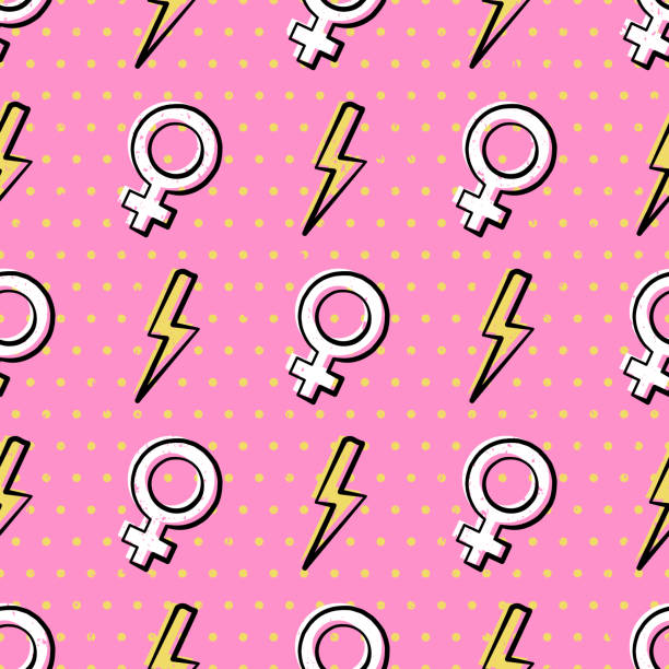 Girl power seamless pattern with flash lightning and female symbols on polka dot background. Yellow bolts on pink Girl power seamless pattern with flash lightning and female symbols on polka dot background. Yellow bolts on pink textured background in comics style. Vector illustration. drawing of pink and black polka dot wallpaper stock illustrations