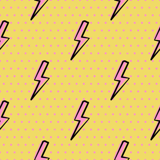 Bolts and polka dot seamless pattern for girl power background with textured effect. Comics style style. Flash lightning and polka dot seamless pattern for girl power style background. Pink bolts and dots on yellow background with textured effect. Vector illustration. drawing of pink and black polka dot wallpaper stock illustrations