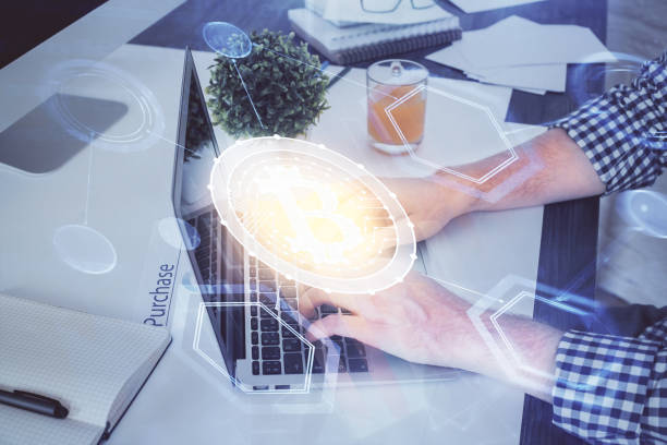 istock Blockchain theme hud with businessman working on computer on background. Concept of crypto chain. Multi exposure. 1287705149