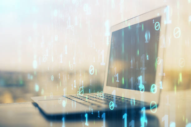 istock Double exposure of desktop with computer on background and tech theme drawing. Concept of big data. 1287705457