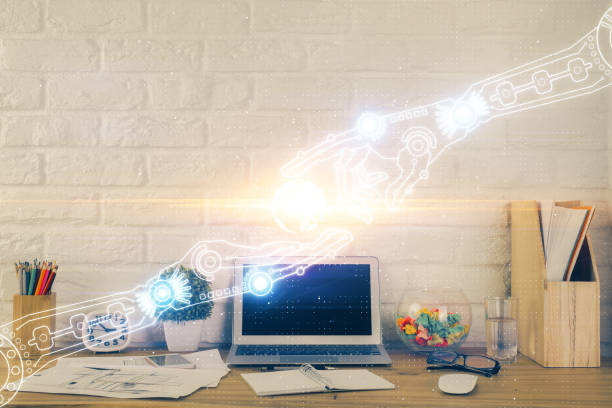 istock Multi exposure of desktop with personal computer and tech theme drawing. Concept of Bigdata. 1287705604
