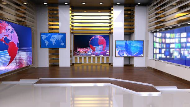 3D Virtual News Studio Background, 3d illustration News Studio, Backdrop For TV Shows .TV On Wall.3D Virtual News Studio Background, 3d illustration Oman stock pictures, royalty-free photos & images