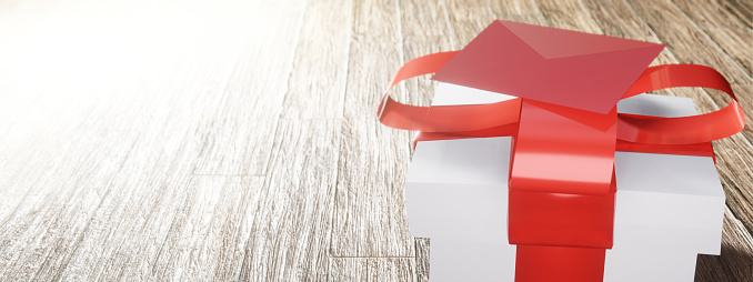Gift box with red bow on wooden table. Present and red card with copy space background. 3D rendering image