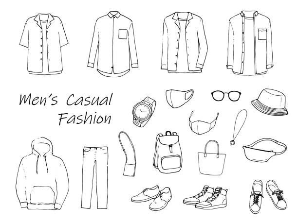 Ink drawing illustration of men's casual fashion set. Ink drawing illustration of men's casual fashion set. mens fashion stock illustrations