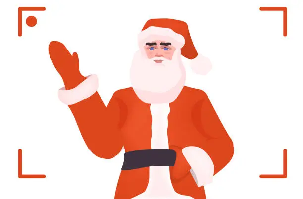 Vector illustration of santa claus waving hand in camera screen frame viewfinder rec new year christmas holidays celebration