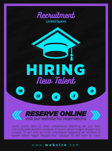 Vector illustration of Recruitment Flyer Template or Graduation Prom Party Event Poster with Purple and Black Background with Neon Turquoise Banner Text
