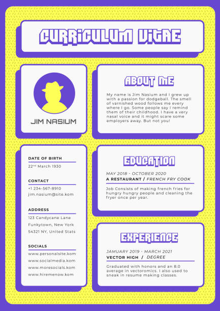 Creative Colorful CV Resume Template with Bright Neon Yellow and Purple Color Block curriculum vitae vector art illustration