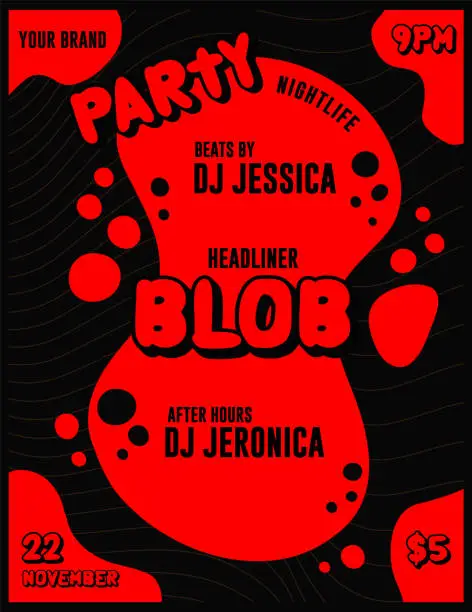 Vector illustration of Blob Nightclub Party DJ or Musician Lineup Event Poster and Flyer Template with Splash of Red on Black Background