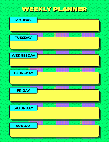 Funky Color Block Weekly Planner or Diary Agenda Template in Bright Green Yellow and Purple