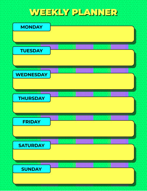 Funky Color Block Weekly Planner or Diary Agenda Template in Bright Green Yellow and Purple vector art illustration