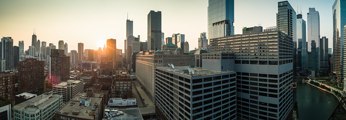 Stitched panoramic shot of Chicago, Illinois at sunrise from the air.