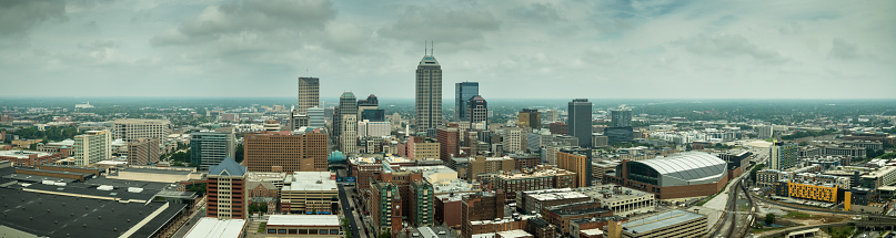 Stitched panoramic shot of Indianapolis, Indiana on an overcast morning from the air.
