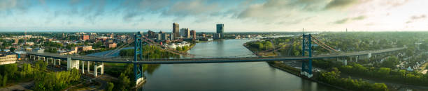 Anthony Wayne Bridge Stretching Across Maumee River in Toledo, Ohio - Aerial Panorama