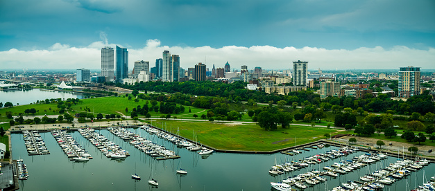 Stitched panoramic shot of Downtown Milwaukee from over McKinley Marina.
