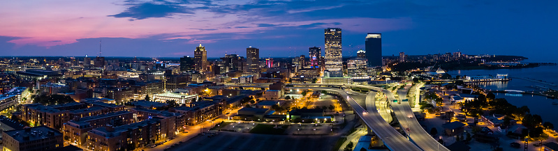 Stitched panoramic shot of Milwaukee, Wisconsin from the air.