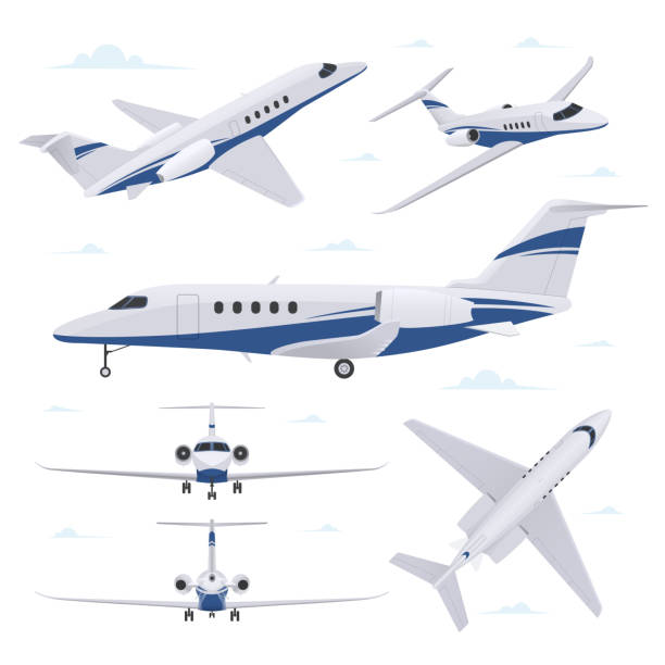 ilustraciones, imágenes clip art, dibujos animados e iconos de stock de jet privado en diferentes puntos de vista. avión en vista superior, lateral, delantera y trasera - jet corporativo