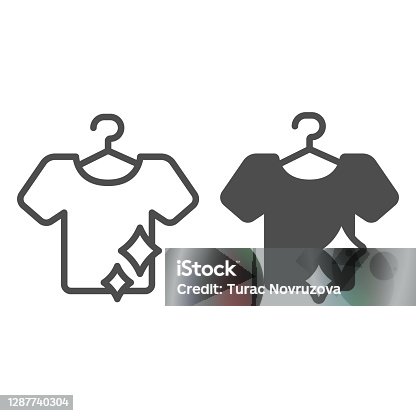 istock Clean T-shirt on hanger line and solid icon, Hygiene routine concept, Laundry washing sign on white background, Hanging clean shirt icon in outline style for mobile and web design. Vector graphics. 1287740304