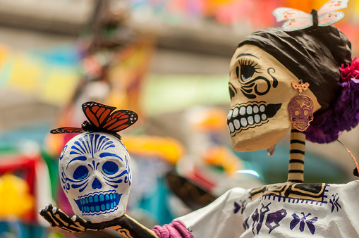 traditional catrina of day of the dead, colorful figure in offering dedicated to the deceased, altars of November 1 in Mexico