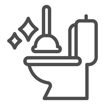 Toilet bowl and plunger line icon, Hygiene routine concept, restroom cleaning tools sign on white background, Toilet bowl with clean stars and plunger icon in outline. Vector graphics