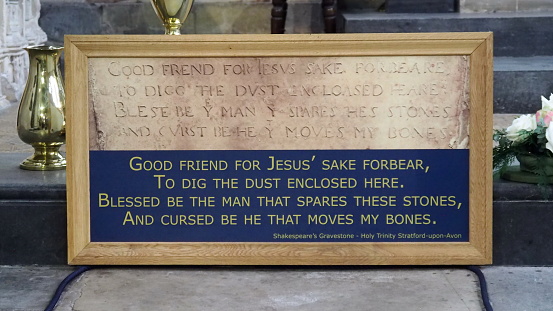 The original gravestone of William Shakespeare in the floor of Holy Trinity Church in Stratford-upon-Avon, photographed on May 11, 2018.