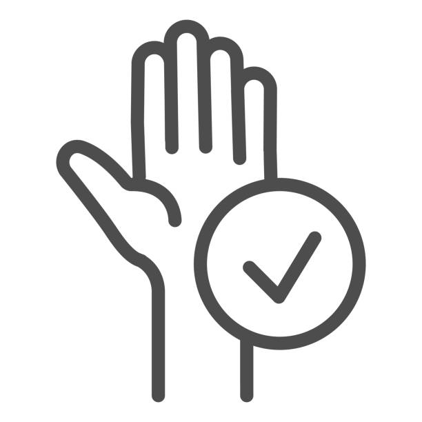 Clean hand and button checked line icon, Hygiene routine concept, Human palm with positive check mark sign on white background, approved clean hand icon in outline style. Vector graphics. Clean hand and button checked line icon, Hygiene routine concept, Human palm with positive check mark sign on white background, approved clean hand icon in outline style. Vector graphics democracy illustrations stock illustrations