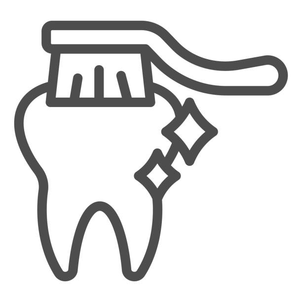 健康な歯と歯ブラシのラインアイコン、衛生ルーチンの概念、白い背景の歯のケアサイン、モバイルコンセプトとウェブデザインのためのアウトラインスタイルの歯磨きアイコン。ベクター� - toothpaste点のイラスト素材／クリップアート素材／マンガ素材／アイコン素材