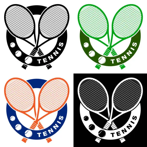 Vector illustration of set of tennis racket and ball symbols for sports design. Tennis equipment. Active lifestyle. Vector