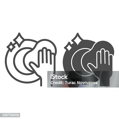 istock Plate and sponge in hand line and solid icon, Hygiene routine concept, Dishwashing sign on white background, Hand cleaning dishes with sponge icon in outline style for mobile and web. Vector graphics. 1287750016