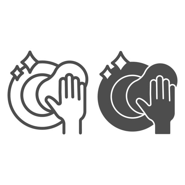 Plate and sponge in hand line and solid icon, Hygiene routine concept, Dishwashing sign on white background, Hand cleaning dishes with sponge icon in outline style for mobile and web. Vector graphics. Plate and sponge in hand line and solid icon, Hygiene routine concept, Dishwashing sign on white background, Hand cleaning dishes with sponge icon in outline style for mobile and web. Vector graphics wash dishes stock illustrations