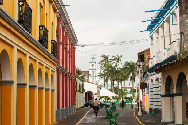 Misty morning view of the colorful colonial architecture of Tlacotalpan, Veracruz, Mexico.