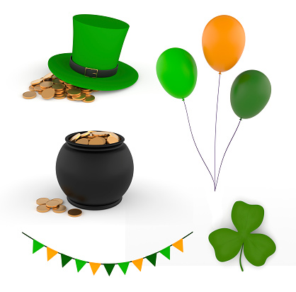 A set of symbols for the Saint Patrick's day holiday. Kit includes: balloons, green hat on coins, flags, clover leaf. 3D render