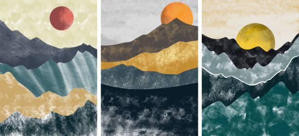 istock Creative minimalist hand painted. Abstract mountain landscape, Natural landscape background. Minimalist design for wall decoration, postcard or brochure design. 1287755314