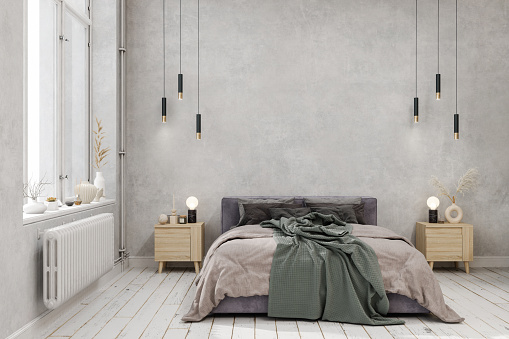 Bedroom Interior With Green Blanket On The Bed, Pendant Lights, Parquet Floor And Gray Color Wall Background