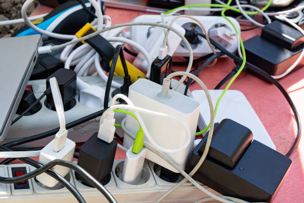 istock bunch of charging gadgets, electronic devices, messy wires. dependence on electricity 1287759568